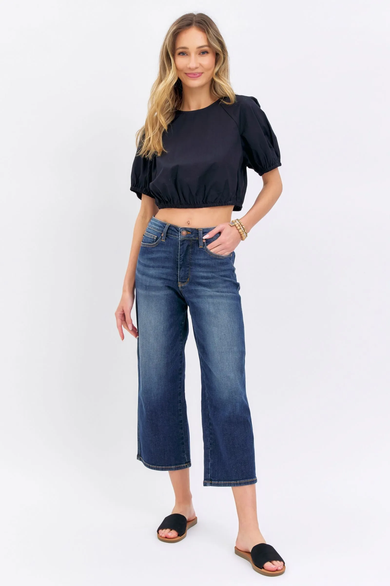 Judy Blue Mid Rise Tummy Control Wide Leg Crop Denim 88876