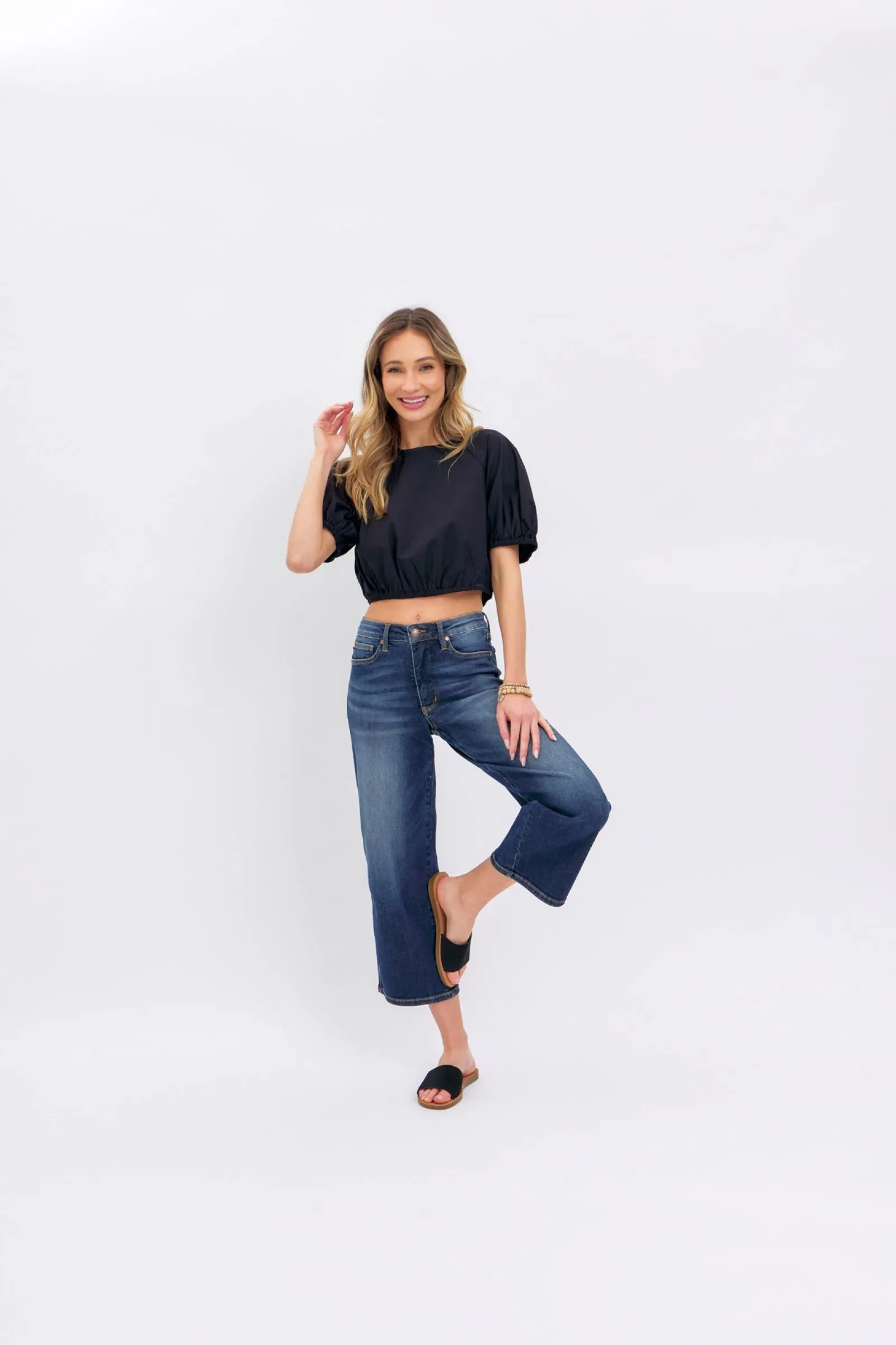 Judy Blue Mid Rise Tummy Control Wide Leg Crop Denim 88876