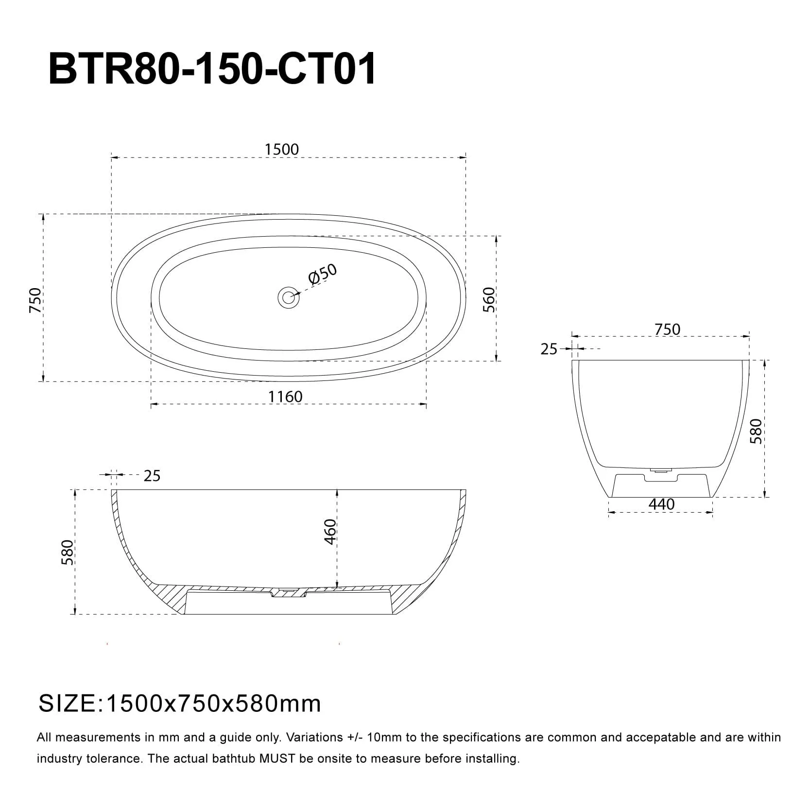 JULE 1500mm Transparent Oval Freestanding Bathtub Midnight (CT01) - Made To Order