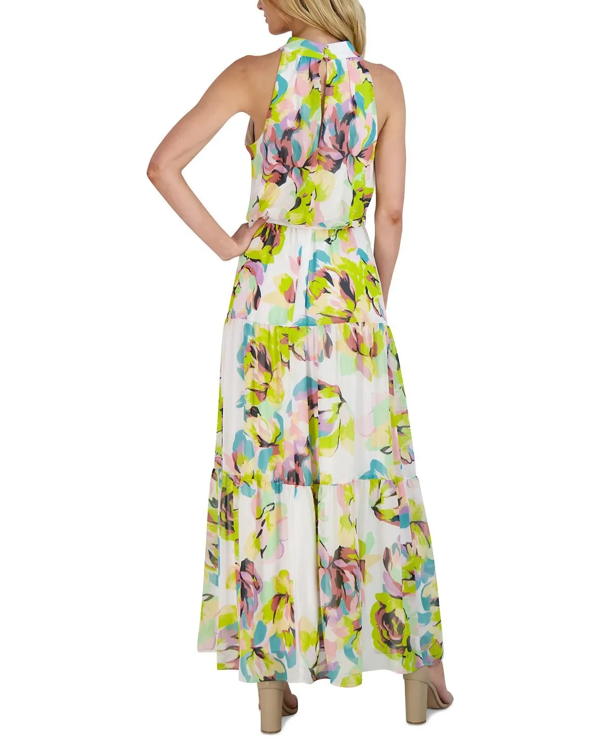 julia jordan tiered print chiffon maxi dress with stand collar multi