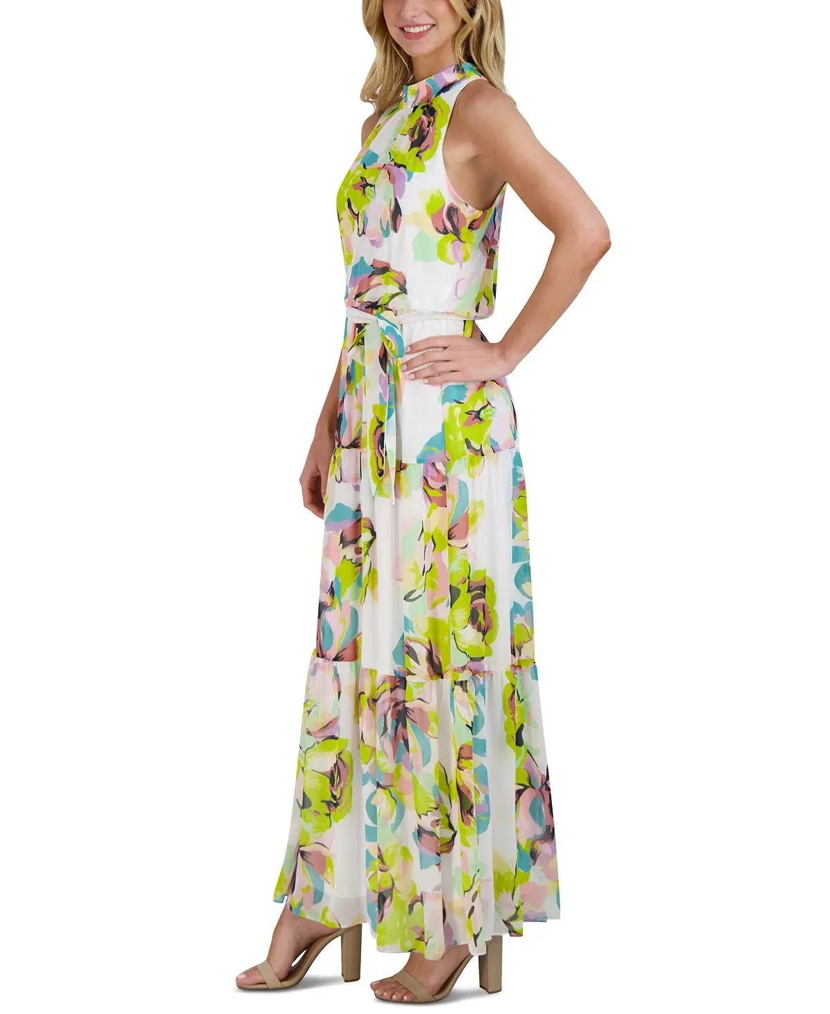 julia jordan tiered print chiffon maxi dress with stand collar multi