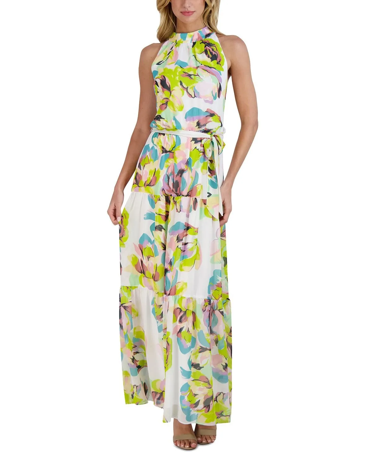 julia jordan tiered print chiffon maxi dress with stand collar multi