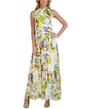 julia jordan tiered print chiffon maxi dress with stand collar multi