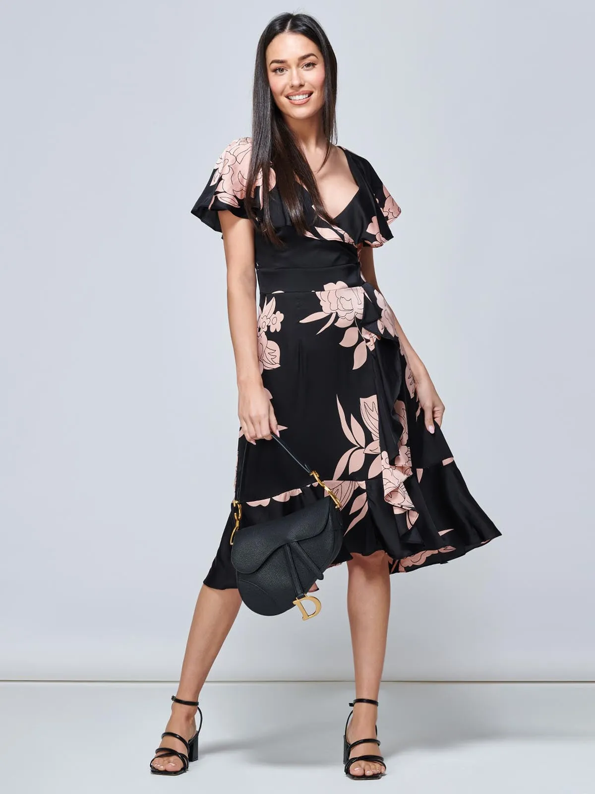 Julissa Satin Flare Hem Dress, Pink Floral