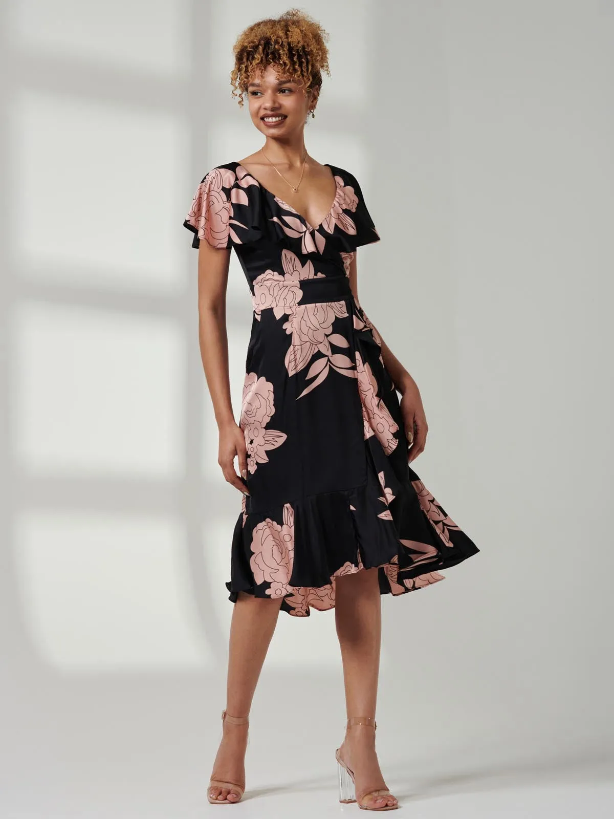 Julissa Satin Flare Hem Dress, Pink Floral