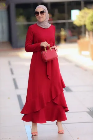 Juman Radiant Red Frill Detail Dress with Detachable Belt