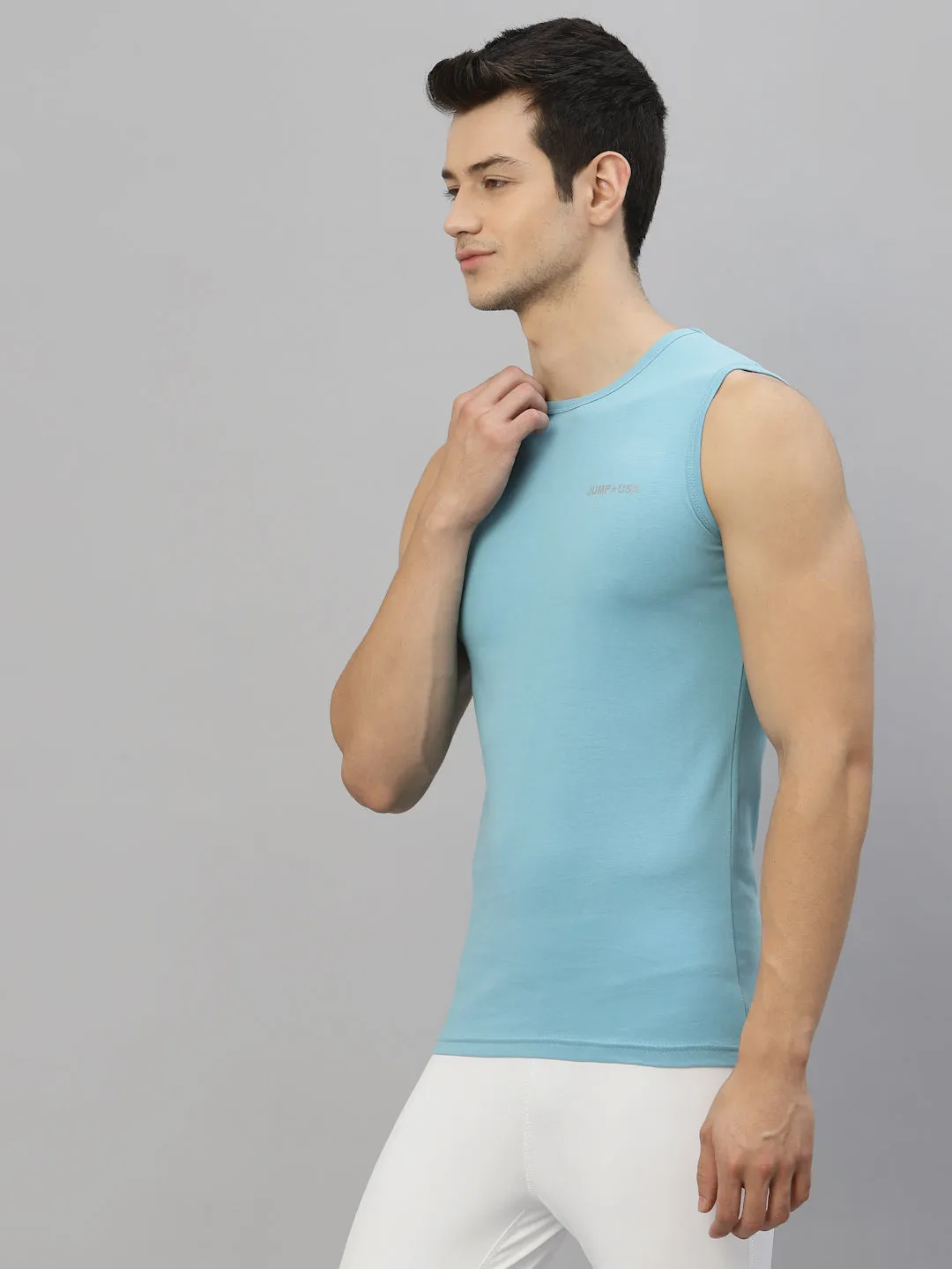 JUMP USA Men Sky Blue Pure Cotton Sleeveless Solid Tank T-shirt