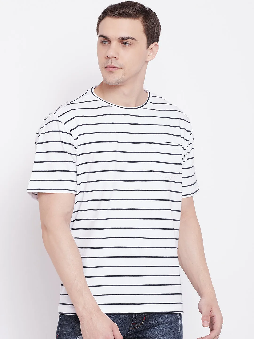 JUMP USA Men White Striped Round Neck T-shirt