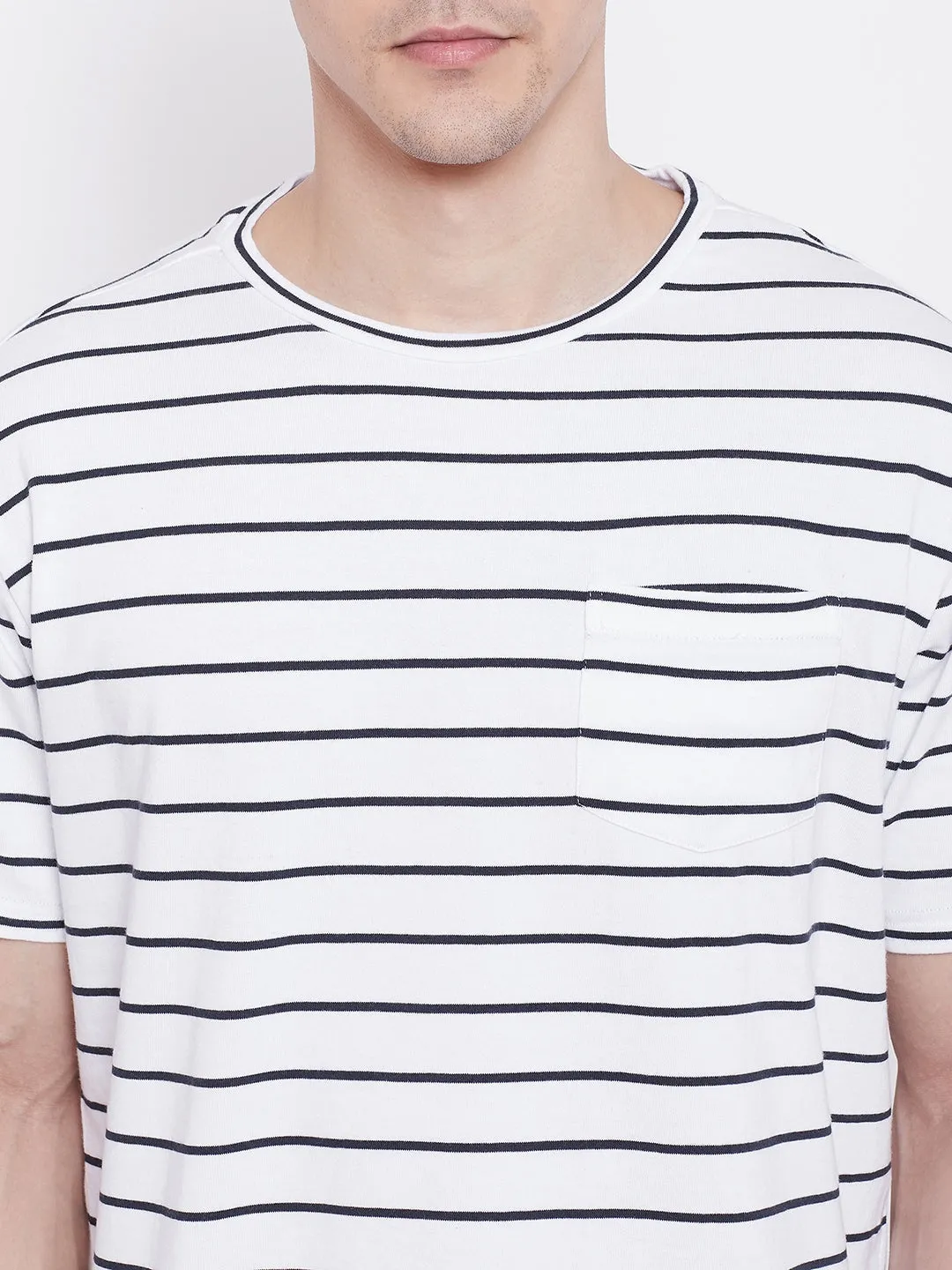 JUMP USA Men White Striped Round Neck T-shirt