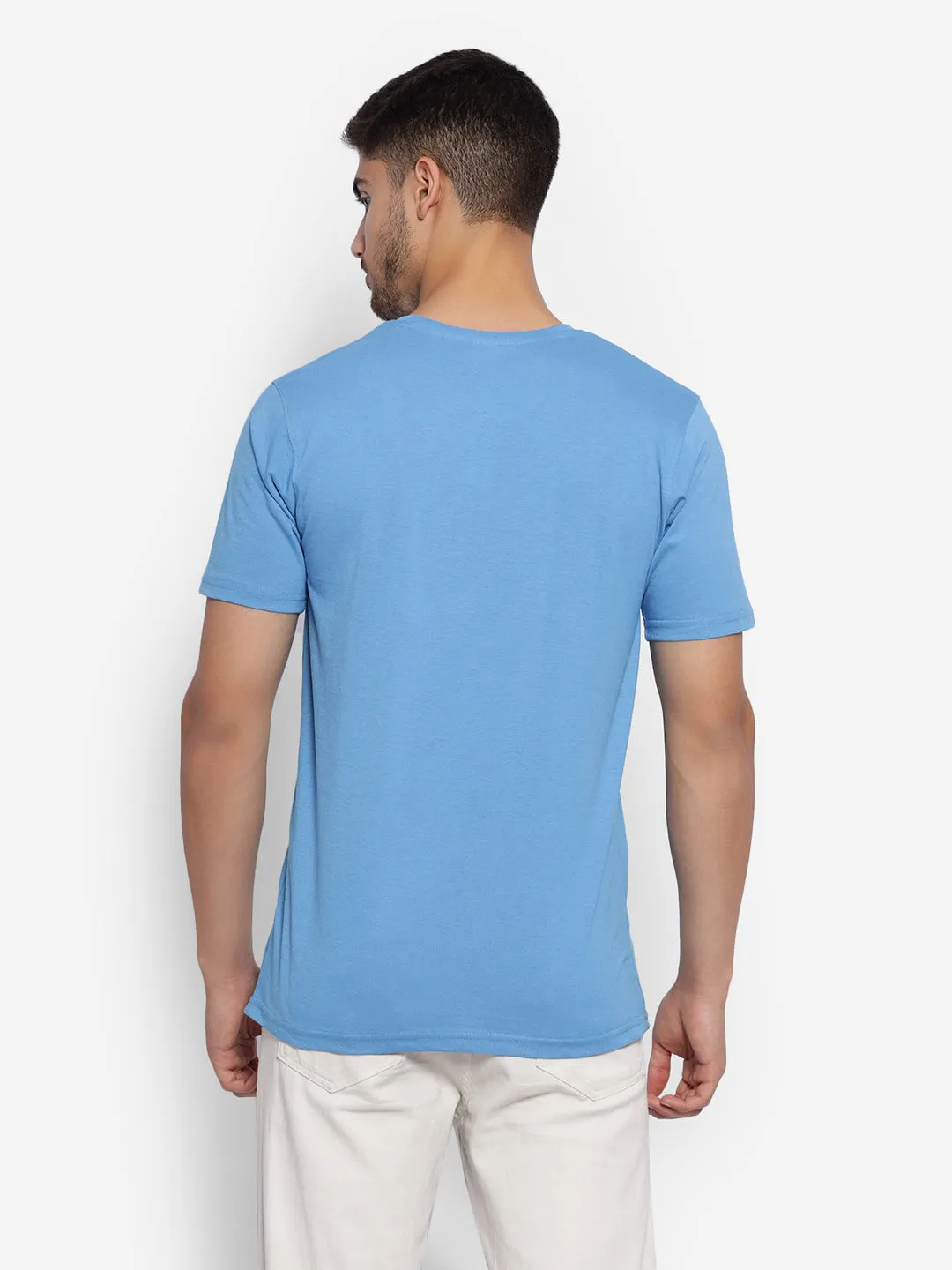 JUMP USA Unisex Sky Blue Solid Cotton Round Neck Printed T-Shirt