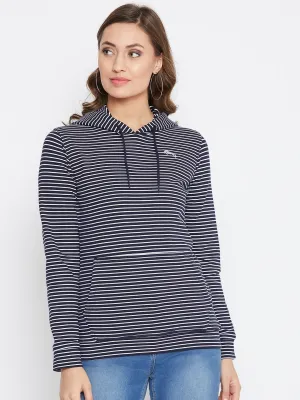 JUMP USA Women Navu Blue And White Striped Hoodies Sweatshits