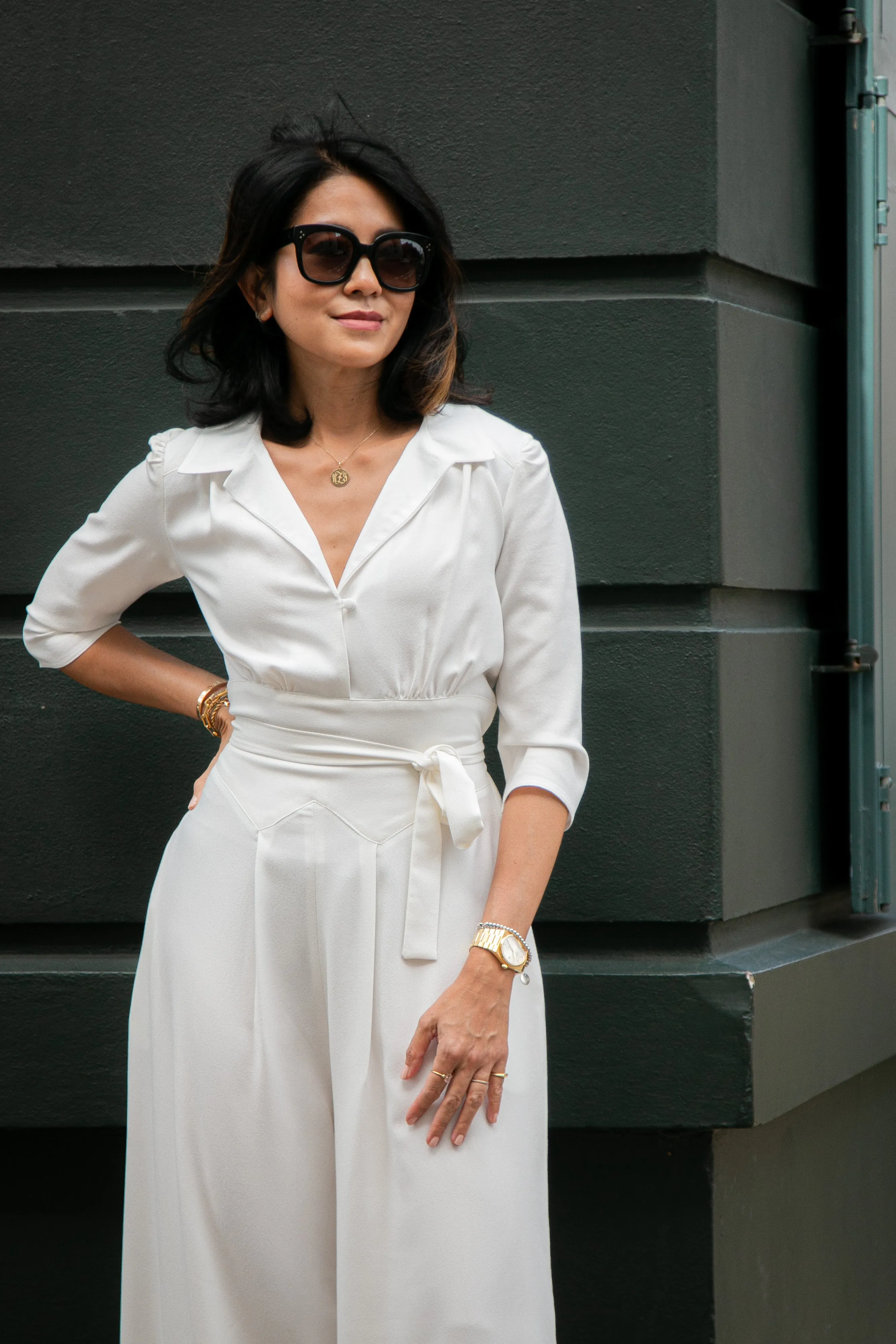 Jumpsuit in ivory soft crepe by Elaine Bernstein