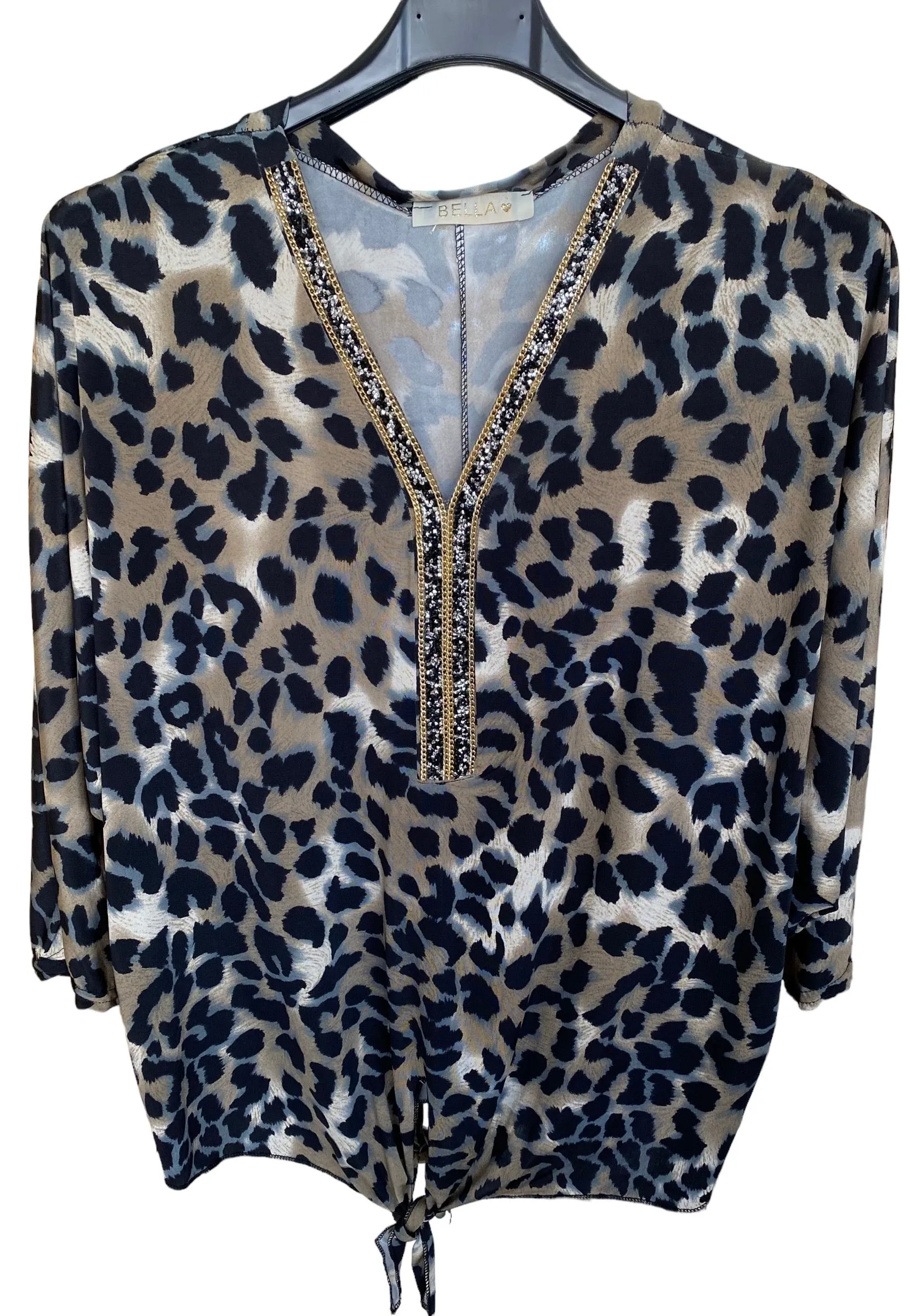 June Jewelled V- Neck Slinky Top With Tie (5 Colours And Prints)