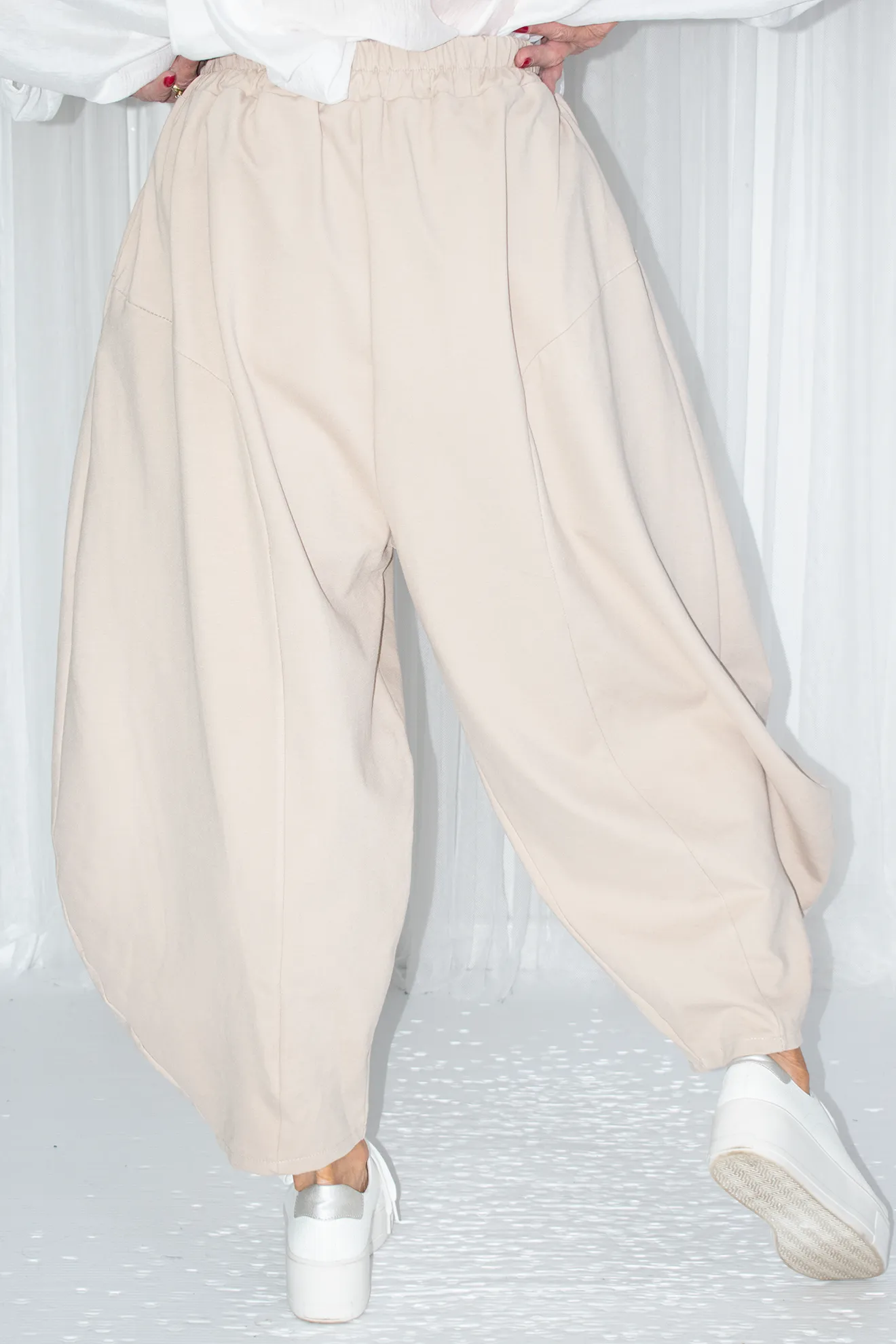 Juniper Pleat Waist Cocoon Trouser in Warm Beige