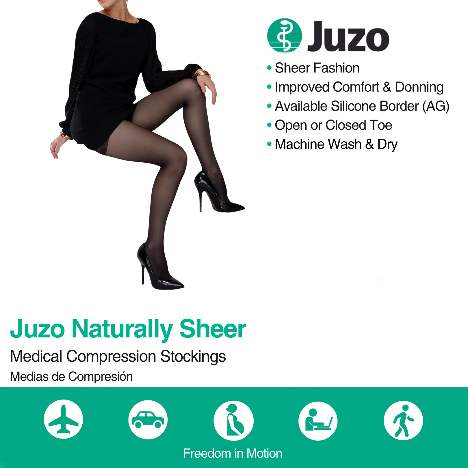 Juzo Naturally Sheer Compression Stockings, 20-30 mmHg, Microdot Silicone Band, Thigh High, Closed Toe