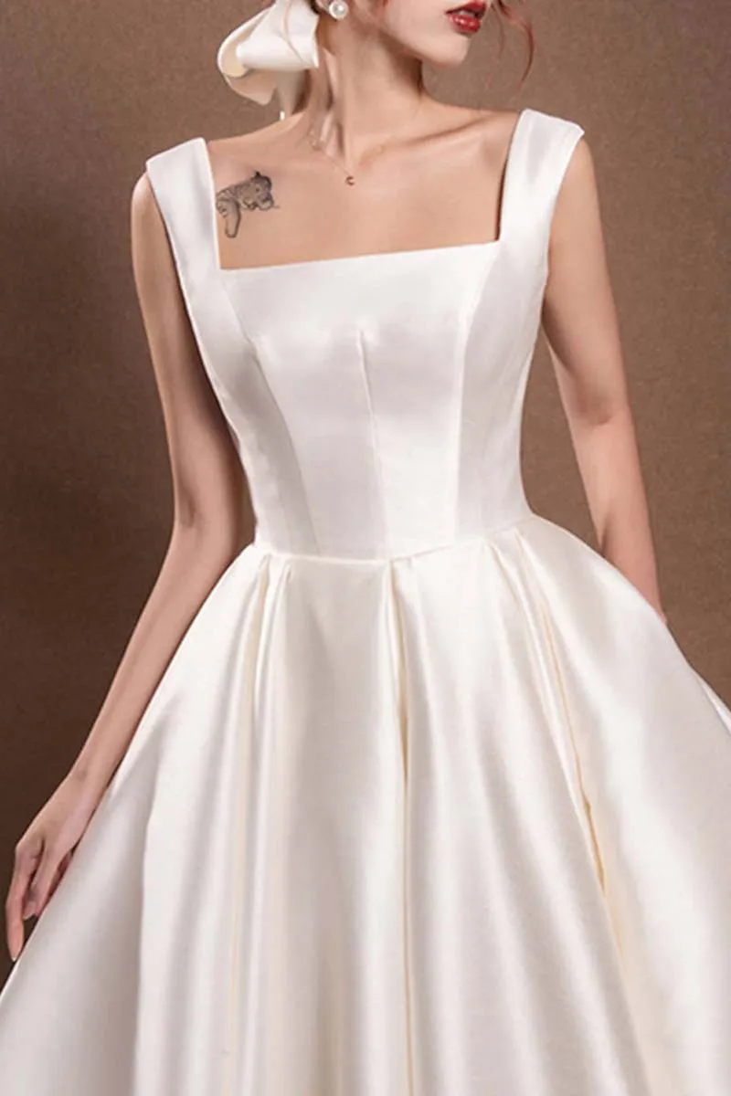 K1334 - Square Neck Sleeveless Satin A-Line Midi Wedding Dress With Bow