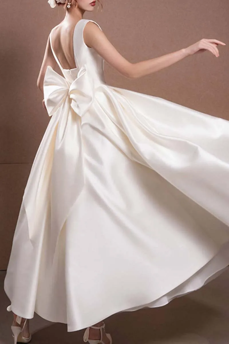 K1334 - Square Neck Sleeveless Satin A-Line Midi Wedding Dress With Bow