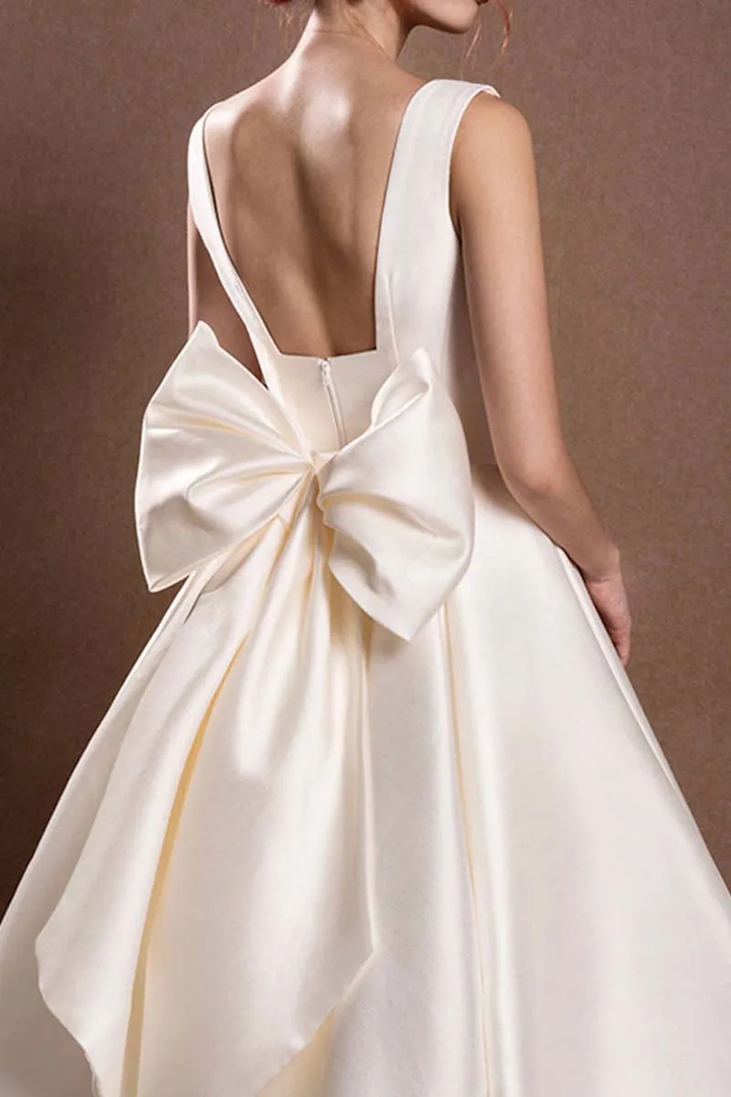 K1334 - Square Neck Sleeveless Satin A-Line Midi Wedding Dress With Bow