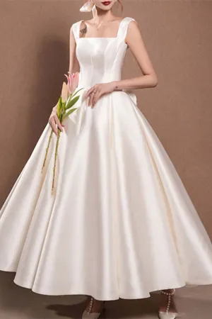 K1334 - Square Neck Sleeveless Satin A-Line Midi Wedding Dress With Bow