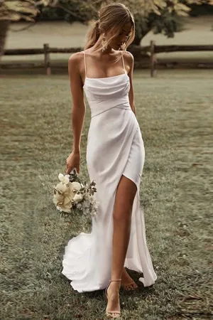 K1337 - Scoop Spaghetti Straps Ruched Satin Sheath Long Wedding Dress