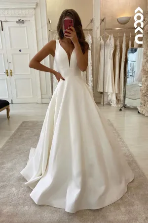 K920 - A-Line V-Neck Satin Backless Sleeveless Wedding Dress