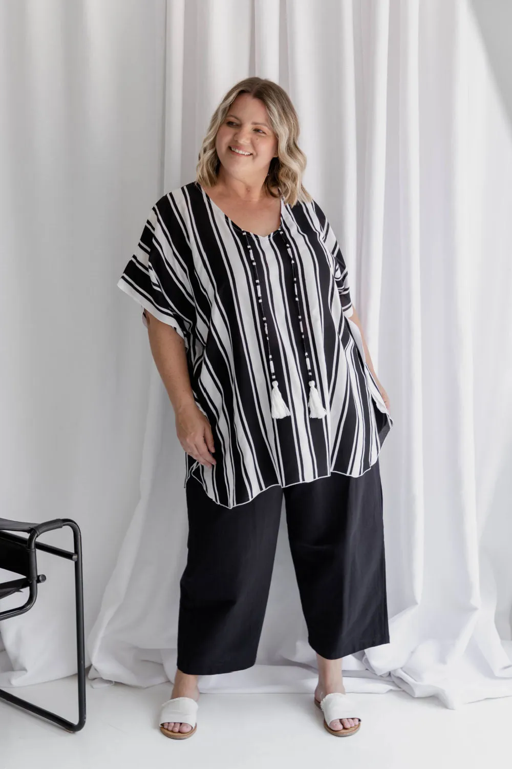 Kaftan Top - Black and White Stripe