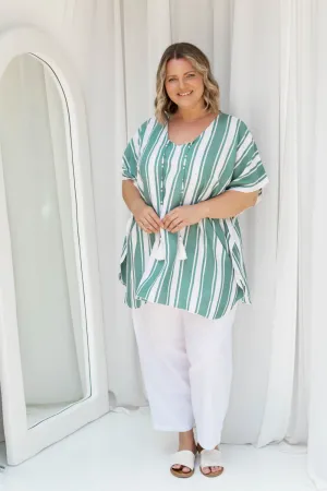 Kaftan Top - Sage Green and White Stripe