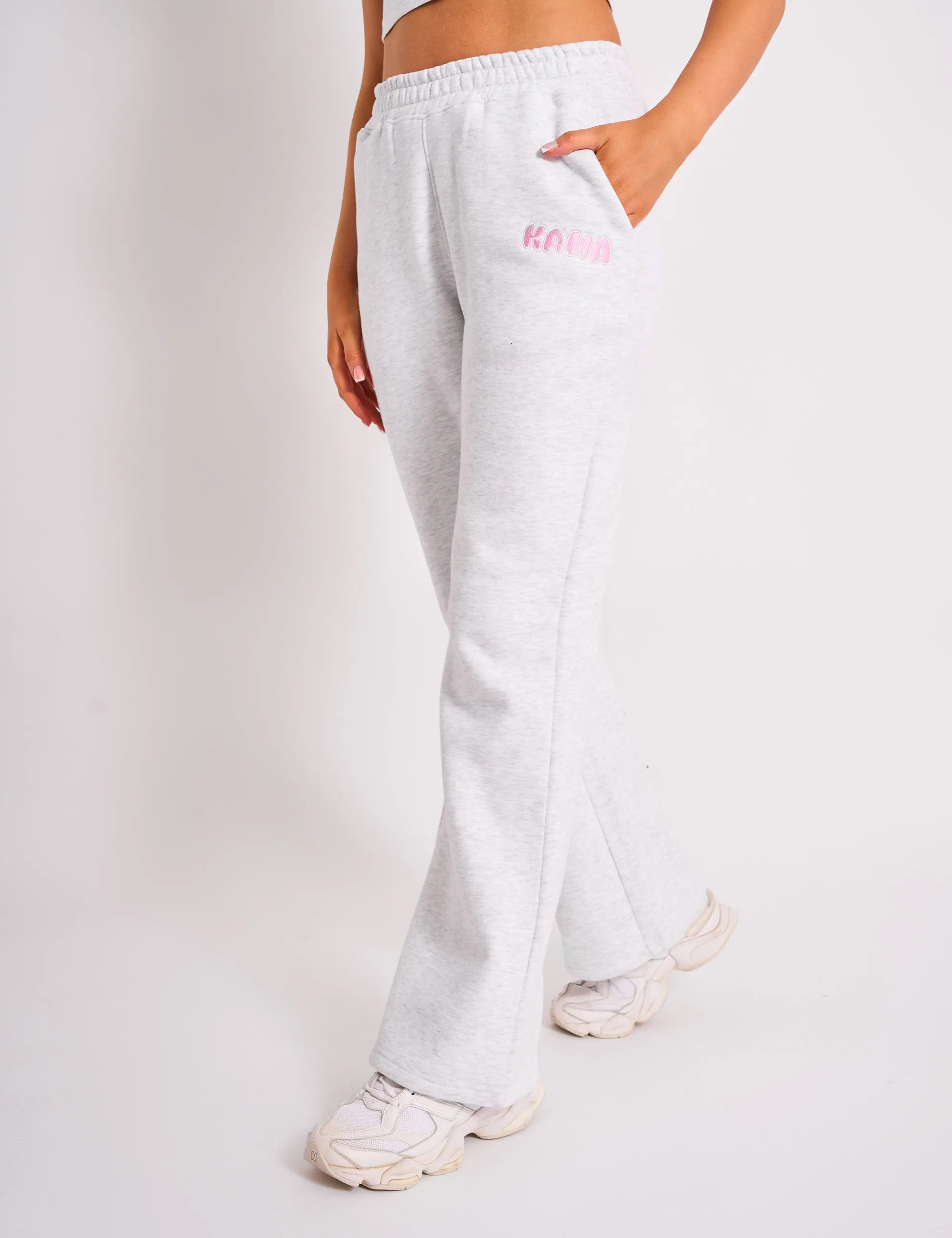 Kaiia Bubble Logo Wide Leg Joggers Grey Marl & Pink