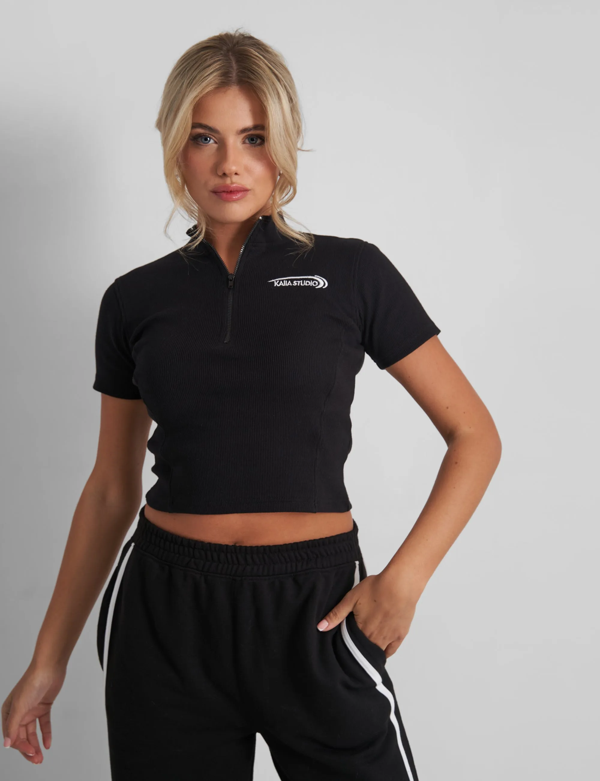 Kaiia Studio Zip Up Logo Crop Top Black