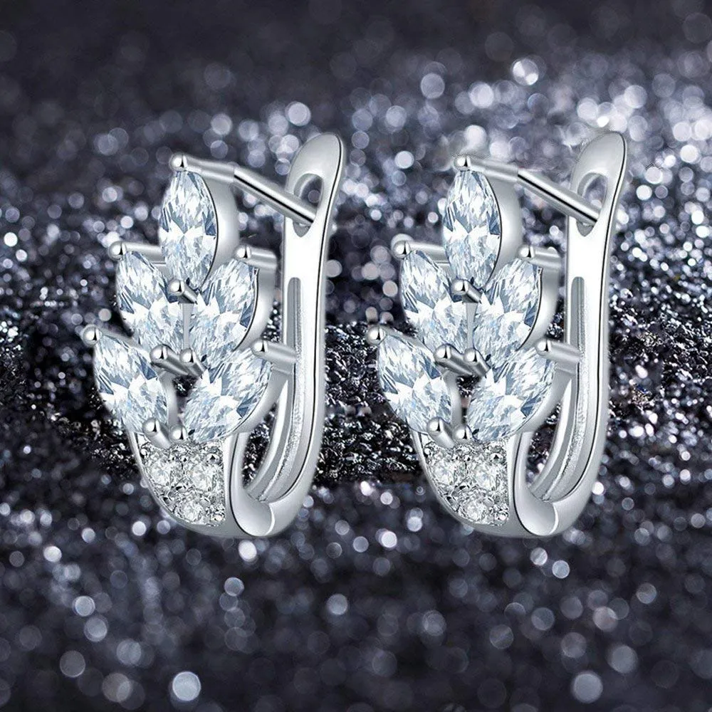 Kairangi Crystal Earrings for Women Leafy Shaped Rhodium Plated White Crystal Clip On Stud Earrings for Women and Girls