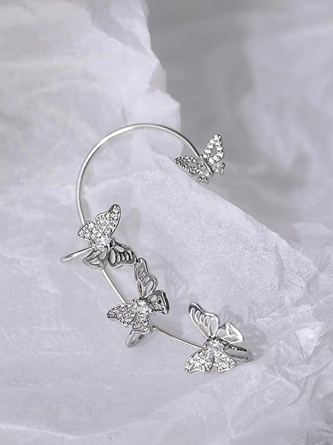 Kairangi Earring For Women Silver Tone Crystal Studded Shiny Non-Pierced Butterfly Designed Earrcuffs For Women and Girls