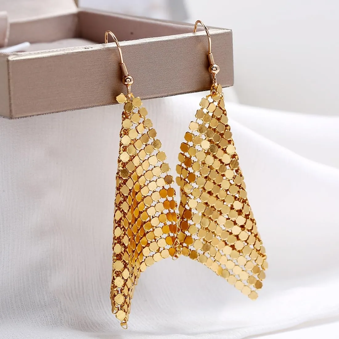 Kairangi Tassel Earrings for Women Metallic Mesh Grid Sequins Golden Tassel Long Drop Earrings Women and Girls.