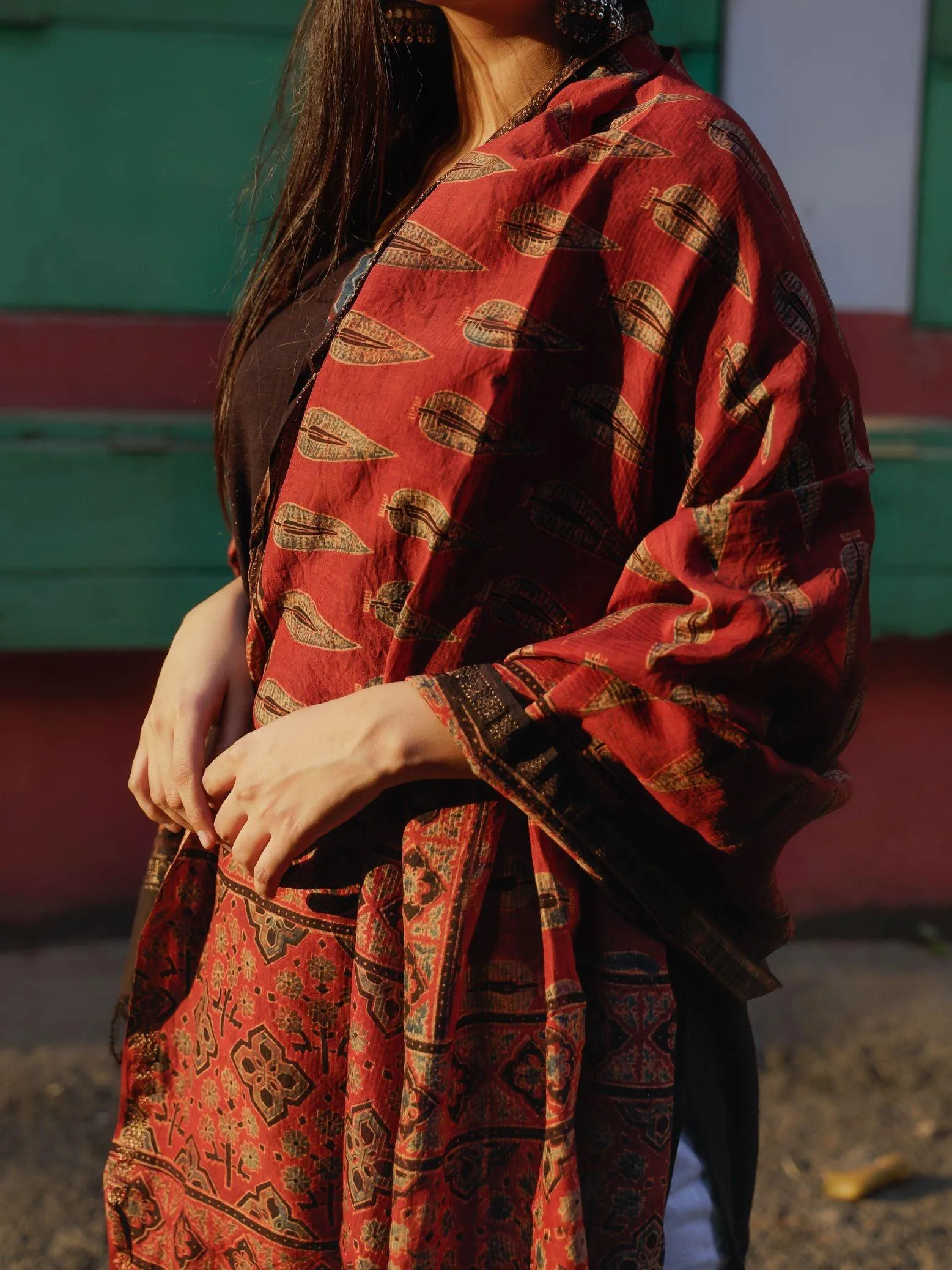 Kaisori Ajrakh Red Silk cotton dupatta