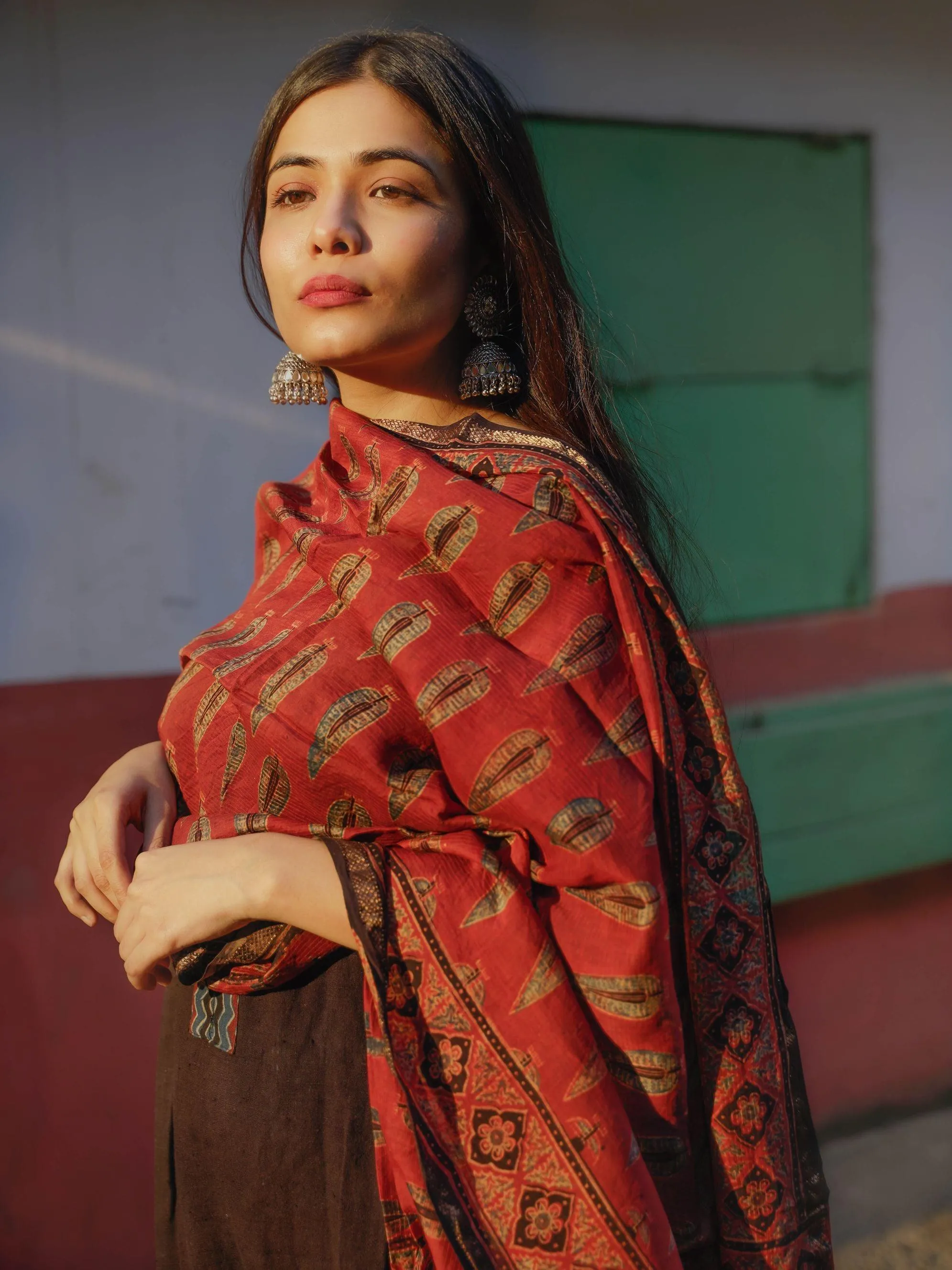 Kaisori Ajrakh Red Silk cotton dupatta