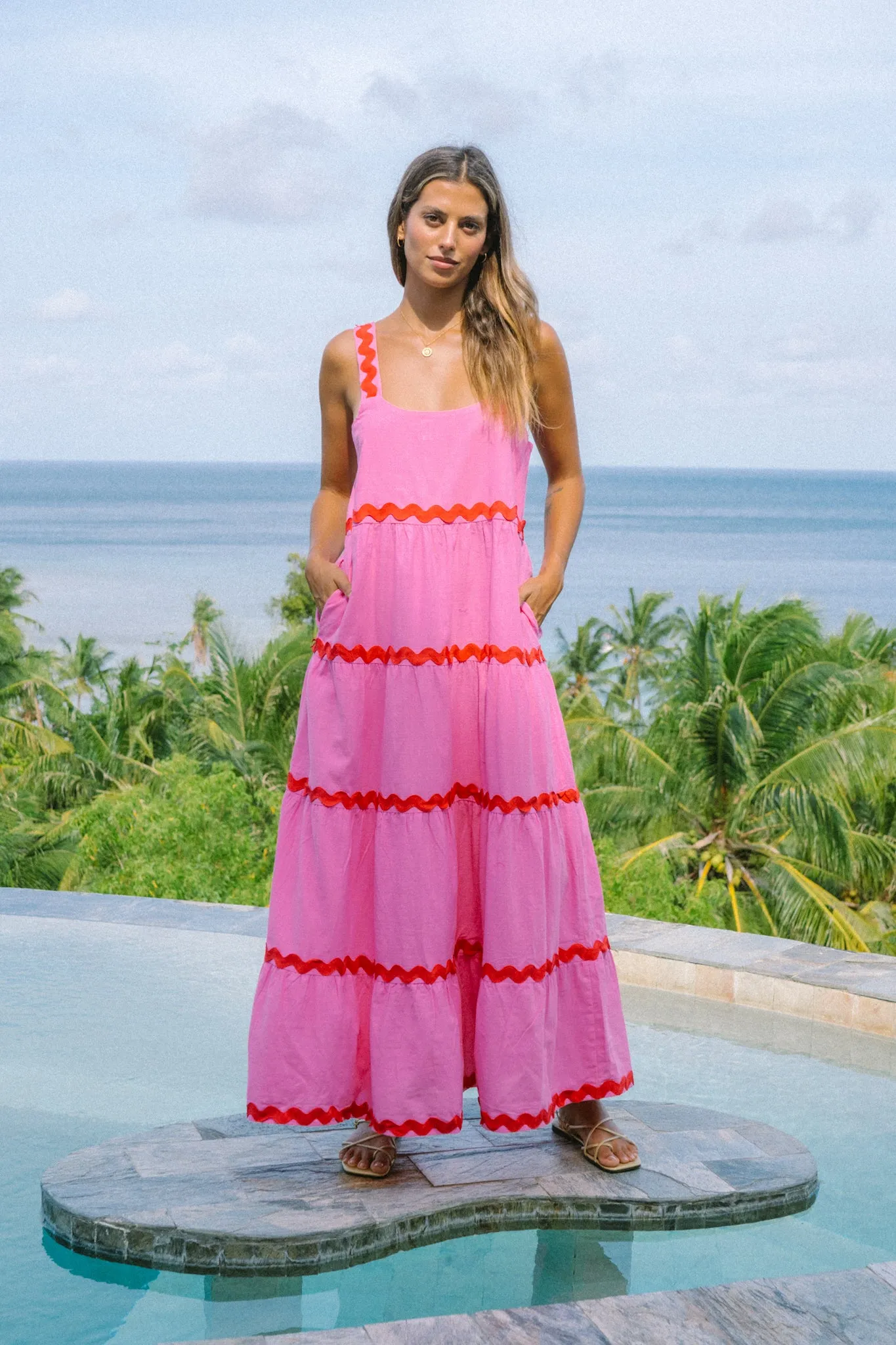 Kalliope Pink Red Ric Rac Tiered Maxi Dress