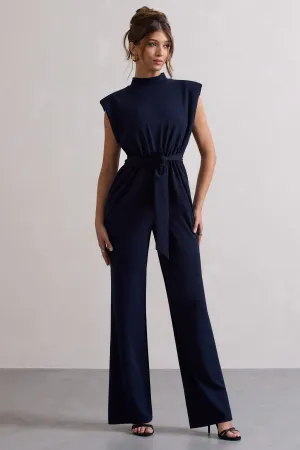 Kalona | Navy High-Neck Wide-Leg Jumpsuit With Tie Waist