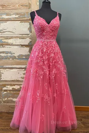 kamahe A Line V Neck Open Back Beaded Hot Pink Lace Long Prom Dresses, Hot Pink Lace Formal Graduation Evening Dresses