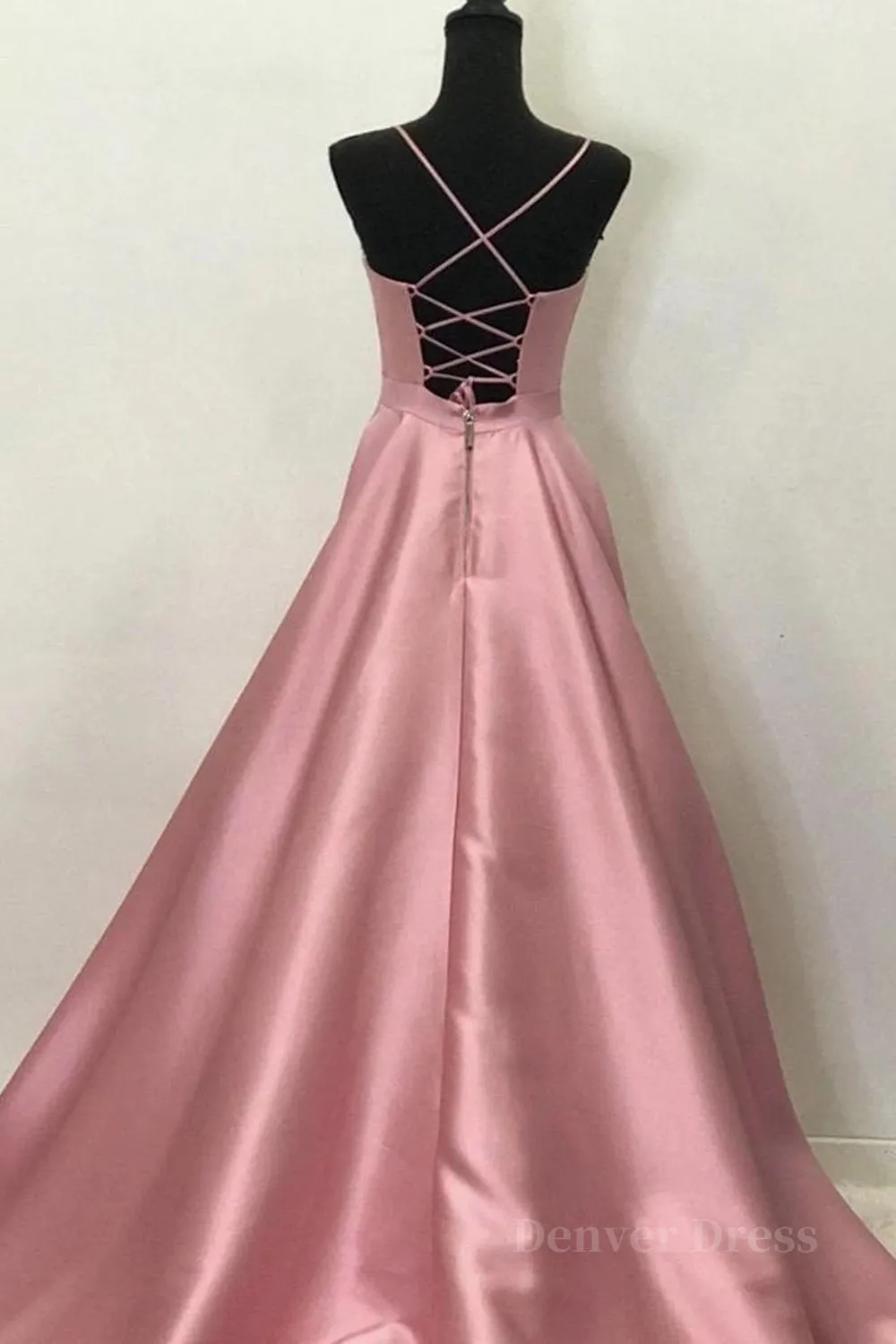 kamahe A Line V Neck Open Back Pink Satin Long Prom Dresses, Open Back Pink Formal Graduation Evening Dresses