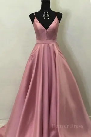 kamahe A Line V Neck Open Back Pink Satin Long Prom Dresses, Open Back Pink Formal Graduation Evening Dresses