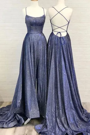 kamahe Beautiful Spaghetti Straps Backless Long Blue Party Prom Dresses