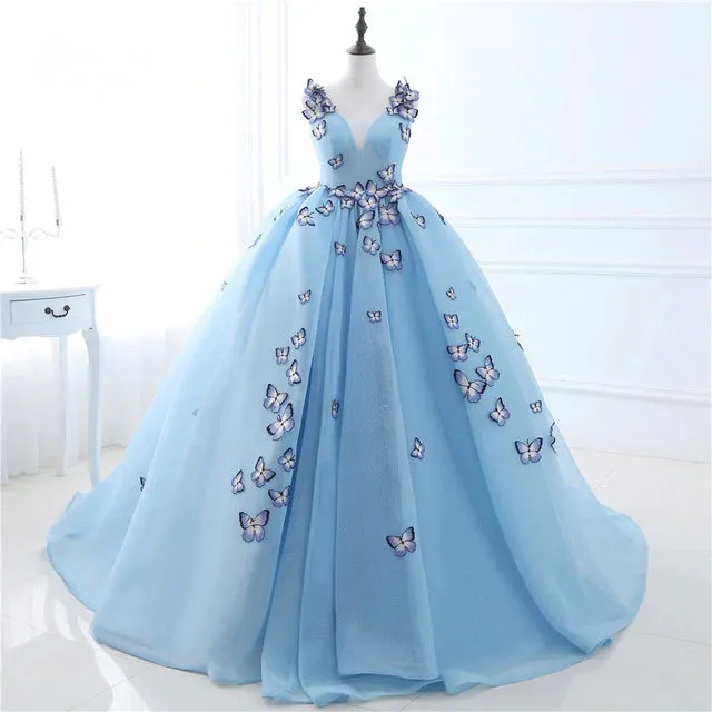 kamahe Blue Butterfly Flowers Lace Up Ball Gowns Long Prom Dresses