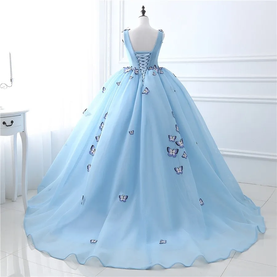 kamahe Blue Butterfly Flowers Lace Up Ball Gowns Long Prom Dresses