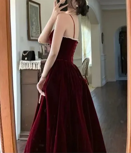 kamahe Burgundy A-Line Spaghetti Straps Elegant Long Prom Dress Formal Party Dress