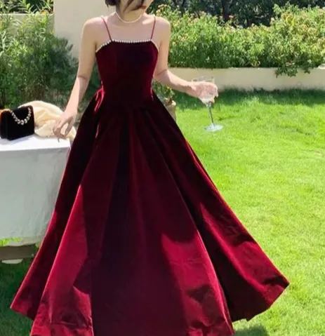 kamahe Burgundy A-Line Spaghetti Straps Elegant Long Prom Dress Formal Party Dress