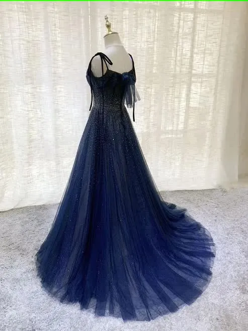 kamahe Dark Blue Tulle Sequin Long Prom Dresses A Line Birthday Party Dresses