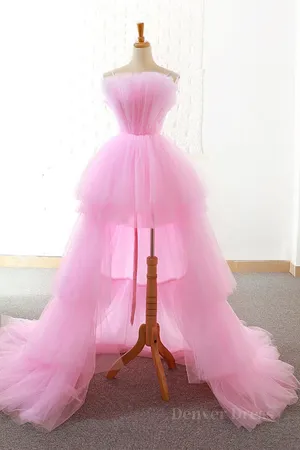 kamahe Gorgeous High Low Pink Tulle Long Prom Dresses, Pink Tulle Formal Graduation Evening Dresses