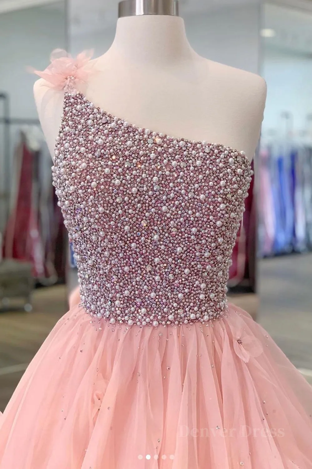 kamahe Gorgeous One Shoulder Beaded Pink Long Prom Dresses, Fluffy Pink Formal Evening Dresses, Beaded Ball Gown