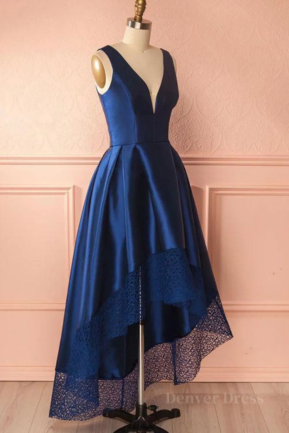 kamahe High Low V Neck Blue Satin Prom Dresses, Open Back Blue Formal Dresses, Blue Evening Dresses