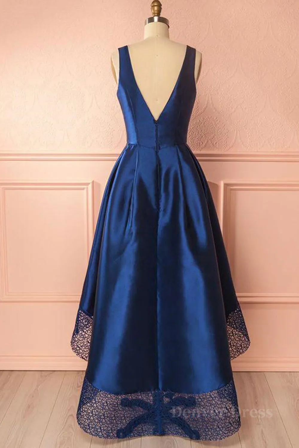 kamahe High Low V Neck Blue Satin Prom Dresses, Open Back Blue Formal Dresses, Blue Evening Dresses