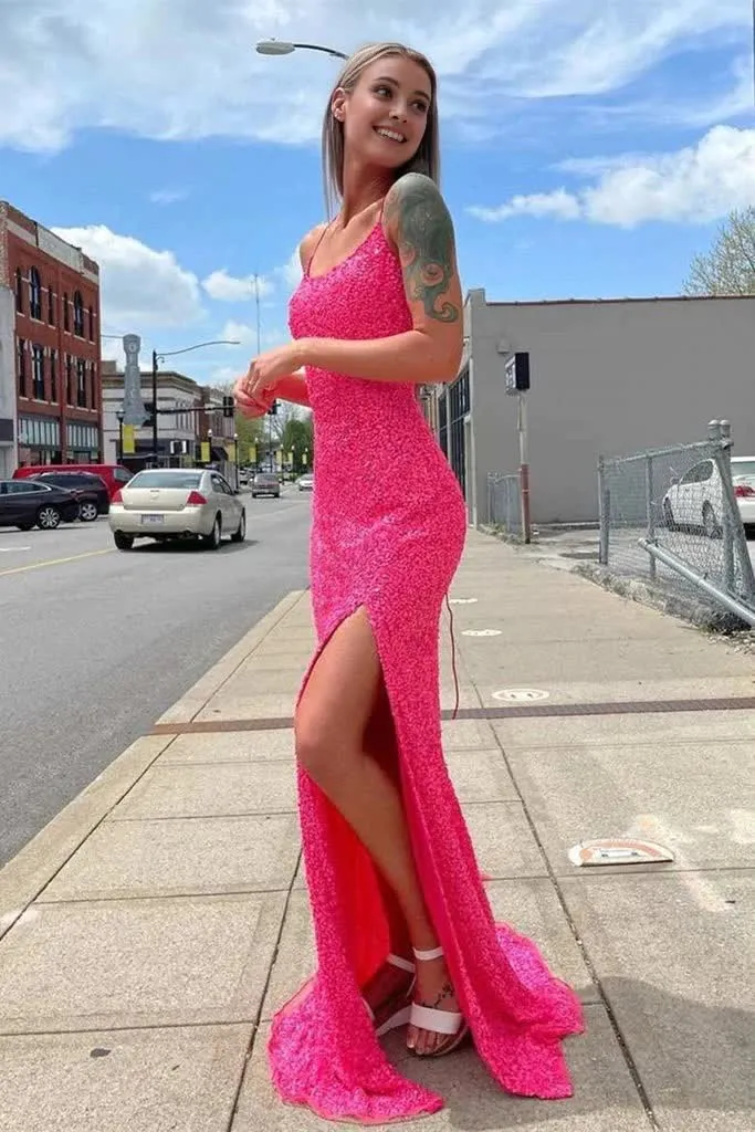 kamahe Hot Pink Prom Dresses Sparkly Mermaid Sequined Sleeveless Long Evening Gown with Slit